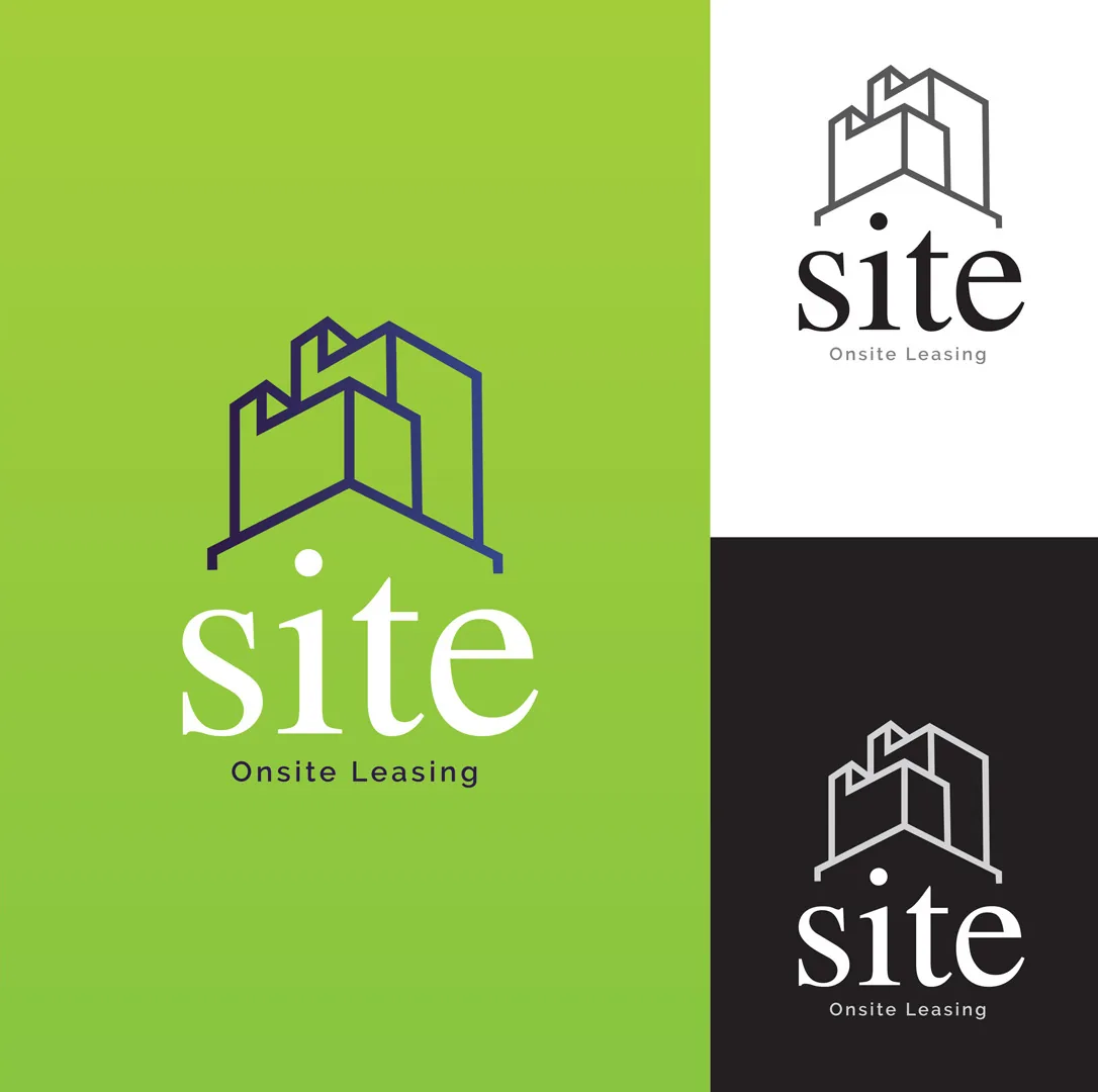 The Site “Onsite Leasing” logo — an outline of buildings — shown in three colorways on green, white and black
